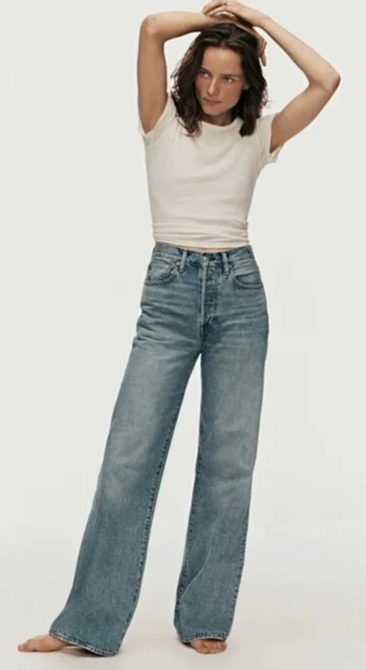 Buck Mason Jeans 29 Jet Set Wide Leg High Rise Light Wash Denim Blue Casual Chic
